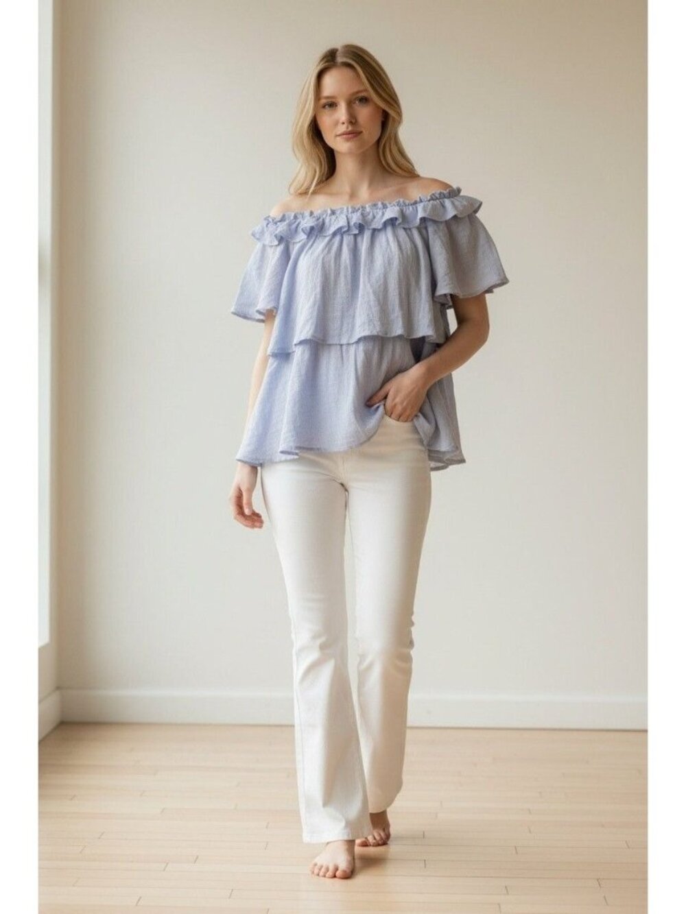 Baby Blue Ruffled Off-Shoulder Zara Layered Blouse Gauzy Cotton Womens M
